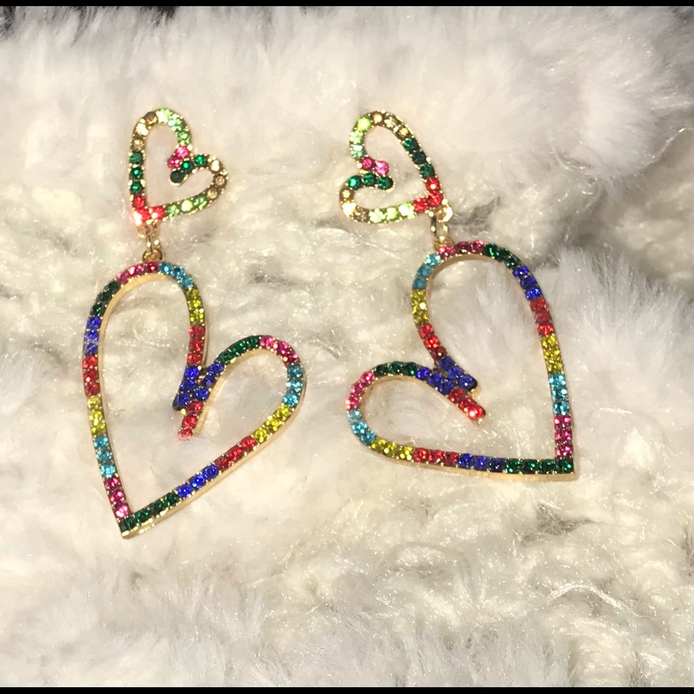 Multi Colored Rhinestone Heart Earrings - Picture 2 of 2